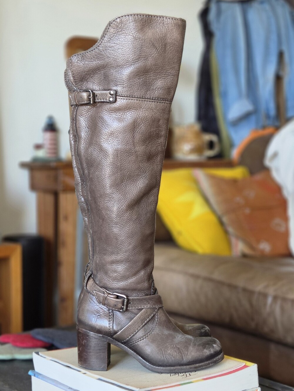 Frye Kelly Over the Knee Moto Boots - Distressed Brown
